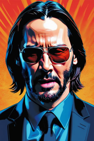 pop art, style, high_resolution, high detail, shiny, close-up of (((Keanu Reeves))) as (((John Wick))) singing with sunglasses