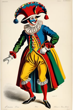 In the image, an "Arlecchino," an iconic character from Italian commedia dell'arte, is prominently featured, dressed in a vibrant and distinctive costume. His attire, snug-fitting and full of personality, showcases a pattern of multicolored diamonds, spanning a range of bright and eye-catching hues. Each diamond is a mosaic of colors, including reds, blues, yellows, greens, and oranges, giving the costume a cheerful and festive look.

The Arlecchino's attire includes a tight-fitting jacket with long sleeves and pants that follow the same multicolored diamond pattern. His waist is accentuated with a striking belt that perfectly complements the ensemble. The outfit is completed with the typical three-pointed hat, known as a "tricorn," which is also adorned with the same diamonds and colors, adding a touch of elegance and extravagance.

The Arlecchino's face is often painted with bright colors and theatrical expressions. His eyes may be encircled in black and white, accentuating his playful and mischievous gaze. The Arlecchino, in his colorful attire and distinctive hat, personifies joy and a festive spirit, evoking the tradition and merriment of Italian commedia dell'arte.