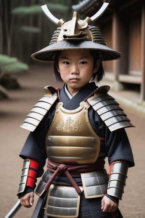 samurai armor japanese kid ,rustic place 