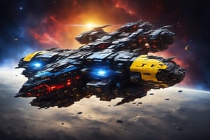 multiple blue and black spaceships with a yellow and red background, rich colors,spcrft,EpicSky