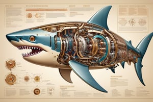 A beautiful, detailed coloured anatomy chart of a shark robot. intricately constructed mechanical with metal, muted coloured ink on light beige paper, diagrams showing mechanical anatomical details of robot Extreme electronic circuit detail, Original eyes, Illustration anatomical poster style, resolution 16k, 3d render, illustration, poster, painting