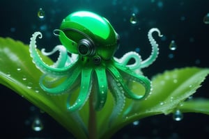 🔬 Cyberpunk Bioluminescent alien octopus astronaut in a cyberpunk astronaut suit dancing among the water droplets on a beautiful green leaf.