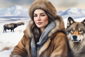 Snow covered Frontier female prospector with her wolf protector, in a resting pose, looking at the camera, on top of a hill overlooking the plains, snow covered buffaloes in the background, frontal shot, hand-drawn watercolour, muted tones, winter landscape, snowing, hyper realistic, golden ratio, Watercolor