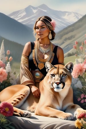 Cheyenne Squaw in Ceremonial gear with her pet mountain lion, in a resting pose, looking at the camera, in a mountain vista full of flowers, frontal shot, hand-drawn watercolor, muted tones, flowers everywhere, hyper realistic, golden ratio