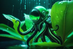 🔬 Cyberpunk Bioluminescent alien octopus astronaut in a cyberpunk astronaut suit dancing among the water droplets on a beautiful green leaf.