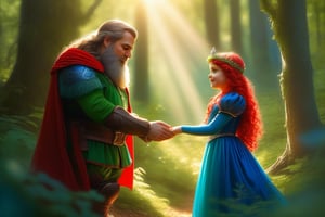 Fairy princess in green clothing posing hand in hand with dwarf wearing blue and red, forest clearing, sun shining through the canopy, high detail