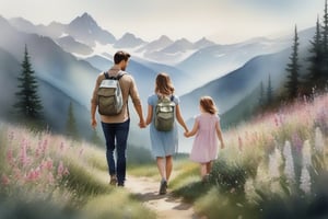 Young family of four walking through a mountain vista full of mountain flowers, frontal shot, hand-drawn watercolor, muted tones, mountain flowers everywhere, hyper realistic