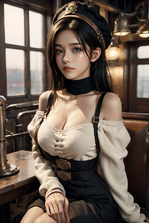 FilmGirl,HZ Steampunk,belt, gear, 1girl, solo,mole on chest,cute beret,sweater,hair up,  dynamic view,focus on chest, black hair,uniform, realistic,, cleavage ,dress, long hair, sitting, bare shoulders, looking at viewer, collarbone, black eyes, lips, see-through, off shoulder, small breasts,