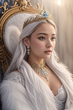  , Snow_Angel, Frozen, ((best quality)), ((masterpiece)), ((realistic)), ((18-year-old girl as a snow angel princess in a fantasy golden throne room, frozen, mystic fog, frost flowers)),{{blowjob}} ,{{cum}} ,In the grandeur of a throne room, an 18-year-old girl embodies the enchantment of a snow angel princess. Adorned with elegant earrings, intricate jewelry, and a tribal tattoo, she exudes a sense of regality and grace. Her flowing hair, infused with a radiant glow, cascades around her, accentuated by an ethereal ice hair ornament and a necklace fashioned from glistening ice. 