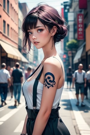 1girl, solo, breasts, looking at viewer, short hair, blue eyes, large breasts, shirt, black hair, cleavage, bare shoulders, jewelry, standing, white shirt, pink hair, purple hair, multicolored hair, earrings, outdoors, parted lips, blurry, bracelet, from side, two-tone hair, lips, torn clothes, tattoo, blurry background, piercing, suspenders, ear piercing, nose, arm tattoo, shoulder tattoo, street, holding own arm