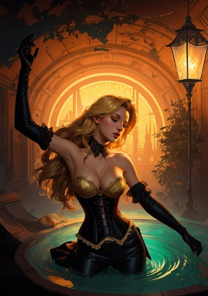 Gorgeous blonde woman sleeping in corset; Ben Bauchau, Michael Garmash, Daniel F Gerhartz, Clint Cearley, Carne Griffiths, Jean Baptiste Monge, strybk style, warm dreamy lighting, matte background, volumetric lighting, pulp adventure style, fluid acrylic, dynamic gradients, bold color, illustration, highly detailed, simple, smooth and clean vector curves, vector art, smooth, johan grenier, character design, 3d shadowing, fanbox, cinematic, ornate motifs, elegant organic framing, hyperrealism, posterized, masterpiece collection, bright lush colors, TXAA, penumbra, alcohol paint, wet gouache