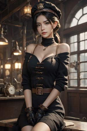FilmGirl,HZ Steampunk,belt, gear, 1girl, solo,mole on chest,cute beret,sweater,hair up,  dynamic view,focus on chest, black hair,uniform, realistic,, cleavage ,dress, long hair, sitting, bare shoulders, looking at viewer, collarbone, black eyes, lips, see-through, off shoulder, small breasts,
