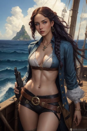 stunning pirate woman with long braided raven hair and smooth skin in luxurious open fronted short black jacked with leather gun belts and pistols, on a pirate ship out at sea with tropical island in background, gorgeous young realistic face, half-body shot, fiverr d&d character, dark fantasy, intricate details, hyper detailed, Jean Baptiste Monge, Michael Garmash, Magali Villeneuve, johan grenier, masterpiece, cinematic poster