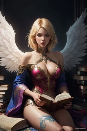 Detailled beautiful girl Photo Portrait!! Sexy girl with detailled angel wings, blonde hair, reading a book. The book she's reading is magic. Magic book. Breathtaking Fantasycore Artwork By Android Jones, Jean Baptiste Monge, Alberto Seveso, Erin Hanson, Jeremy Mann. Mucha. Intricate Photography, high resolution, hyperrealistic, vibrant. A Masterpiece, 8k Resolution Artstation, Unreal Engine 5, Cgsociety, Octane Photograph