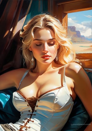 Gorgeous blonde woman sleeping in corset; Ben Bauchau, Michael Garmash, Daniel F Gerhartz, Clint Cearley, Carne Griffiths, Jean Baptiste Monge, strybk style, warm dreamy lighting, matte background, volumetric lighting, pulp adventure style, fluid acrylic, dynamic gradients, bold color, illustration, highly detailed, simple, smooth and clean vector curves, vector art, smooth, johan grenier, character design, 3d shadowing, fanbox, cinematic, ornate motifs, elegant organic framing, hyperrealism, posterized, masterpiece collection, bright lush colors, TXAA, penumbra, alcohol paint, wet gouache