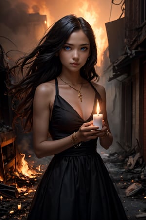In a cinematic full frame of a dystopian city, a (portrait) captures a ((black woman)) standing amidst a (burning and ruined alley), fire in the buildings and (fire in the garbage on the ground), holding a ((lighted candle)), ((A mischievous smile)) on her face, she dons a black dress, a golden amulet, and bracelets,(long dark hair) dances in the twilight breeze, V4, 0-D, ((dark aesthetic)),(mystical atmosphere), (dim), (haze), (twilight), centered-shot, ((finely detailed beautiful eyes and detailed face)), Shot on 70mm