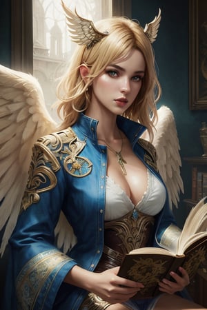 Detailled beautiful girl Photo Portrait!! Sexy girl with detailled angel wings, blonde hair, reading a book. The book she's reading is magic. Magic book. Breathtaking Fantasycore Artwork By Android Jones, Jean Baptiste Monge, Alberto Seveso, Erin Hanson, Jeremy Mann. Mucha. Intricate Photography, high resolution, hyperrealistic, vibrant. A Masterpiece, 8k Resolution Artstation, Unreal Engine 5, Cgsociety, Octane Photograph