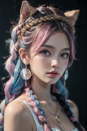 braid, 1girl, twin_braids, earrings, jewelry, animal, on_head, blue_hair,pink hair, pig, multiple_braids, long_hair ,perfecteyes