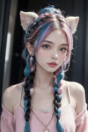 braid, 1girl, twin_braids, earrings, jewelry, animal, on_head, blue_hair,pink hair, pig, multiple_braids, long_hair 