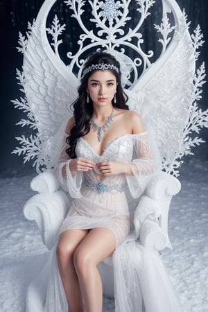  , Snow_Angel, Frozen, ((best quality)), ((masterpiece)), ((realistic)), ((18-year-old girl as a snow angel princess in a fantasy golden throne room, frozen, mystic fog, frost flowers)),{{blowjob}} ,{{cum}} ,In the grandeur of a throne room, an 18-year-old girl embodies the enchantment of a snow angel princess. Adorned with elegant earrings, intricate jewelry, and a tribal tattoo, she exudes a sense of regality and grace. Her flowing hair, infused with a radiant glow, cascades around her, accentuated by an ethereal ice hair ornament and a necklace fashioned from glistening ice. 