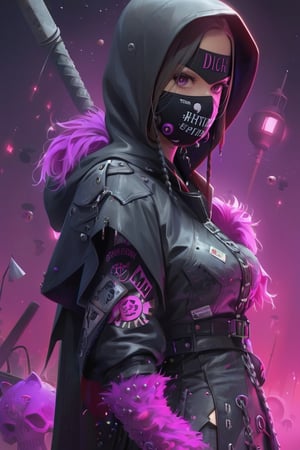 A cyberpunk gothic version of pretty lady Assassin Creed, 14, dressed in a rebellious fusion of edgy fashions (standing:1.2), pink hooded cape with torn fishnet accents, adorned with punk-inspired patches and pins. Septum earrings, more calls, ratty dreads, more patches, crust-core, anti-union designs, dirty torn studded spike leather jackets, hardcore punk style jackets, lot punk badges, military boots laced up her legs,,Rebellin, Dal,Pink Emo,ct-niji2,BugCraft,dal,ink,smoke