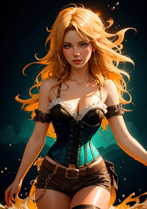 Gorgeous blonde woman sleeping in corset; Ben Bauchau, Michael Garmash, Daniel F Gerhartz, Clint Cearley, Carne Griffiths, Jean Baptiste Monge, strybk style, warm dreamy lighting, matte background, volumetric lighting, pulp adventure style, fluid acrylic, dynamic gradients, bold color, illustration, highly detailed, simple, smooth and clean vector curves, vector art, smooth, johan grenier, character design, 3d shadowing, fanbox, cinematic, ornate motifs, elegant organic framing, hyperrealism, posterized, masterpiece collection, bright lush colors, TXAA, penumbra, alcohol paint, wet gouache