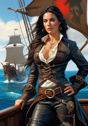 stunning pirate woman with long braided raven hair and smooth skin in luxurious open fronted short black jacked with leather gun belts and pistols, on a pirate ship out at sea with tropical island in background, gorgeous young realistic face, half-body shot, fiverr d&d character, dark fantasy, intricate details, hyper detailed, Jean Baptiste Monge, Michael Garmash, Magali Villeneuve, johan grenier, masterpiece, cinematic poster