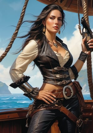stunning pirate woman with long braided raven hair and smooth skin in luxurious open fronted short black jacked with leather gun belts and pistols, on a pirate ship out at sea with tropical island in background, gorgeous young realistic face, half-body shot, fiverr d&d character, dark fantasy, intricate details, hyper detailed, Jean Baptiste Monge, Michael Garmash, Magali Villeneuve, johan grenier, masterpiece, cinematic poster