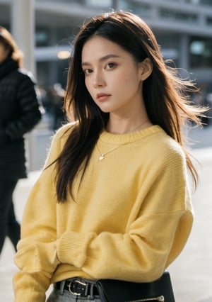 xxmix_girl,a close up of a person with a yellow sweater on and a cell phone in hand and a light shining on her face,long hair
