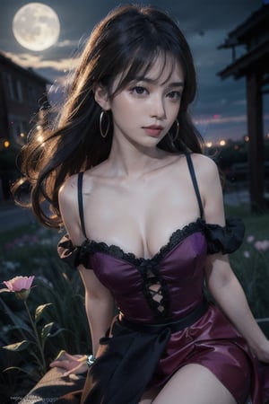 masterpiece, best quality, 1girl, (colorful),(finely detailed beautiful eyes and detailed face),cinematic lighting,bust shot,extremely detailed CG unity 8k wallpaper,white hair,solo,smile,intricate skirt,((flying petal)),(Flowery meadow) sky, cloudy_sky, building, moonlight, moon, night, (dark theme:1.3), light, fantasy,,fantasy, high contrast, ink strokes, explosions, over exposure, purple and red tone impression , abstract, ((watercolor painting by John Berkey and Jeremy Mann )) brush strokes, negative space,