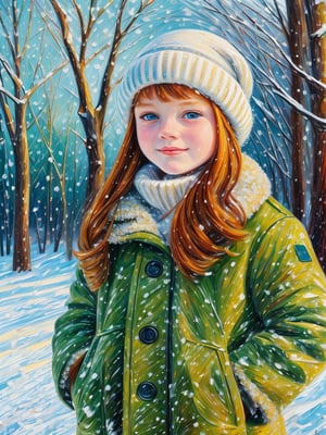 Средний портрет девочки, зимний пейзаж, идеальное лицо, веснушки, зеленый глаза, рыжие волосы, легкая улыбка, портрет персонажа золотой час (картина маслом):1,4, видимые мазки краски, импасто, идеальная композиция, (снегопад), снежный вечер , ((импрессионизм))