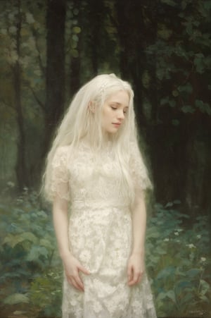impressionism, Painting "A woman in a white dress standing in the forest", pale young ghost girl, the ghost of a young girl, a frame from an unearthly world, albino, white, pale skin, Portrait of an albino mystic inspired by Gottfried Helnwein, white witch, southern Gothic art, stunning young unearthly figure inspired by Jeffrey Catherine Jones, inspired by Alice Prine