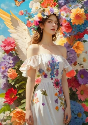 portrait, woman, floral dress, head full of colored flowers, wings background, floral visor, white theme, dfdd, niji5