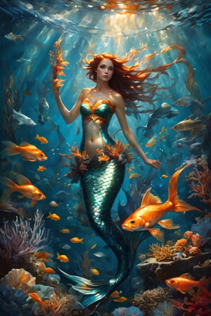 art by Phil Koch, Meghan Howland portrait of a beautiful mermaid. there are a lot of small goldfish around and against the background of marine life. the light barely breaks through the water column. luminism, ultra highly detailed, 32 k, Fantastic Realism complex background, dynamic lighting, lights, digital painting, intricated pose, highly detailed intricated,dripping paint,greg rutkowski,detailmaster2
