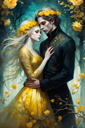 art by Anna Dittmann Insanely detailed of an elaborate beautiful gothic vintage couple of lovers embracing :: eternal love :: wired clothing :: yellow flowers luminism, WLOP greg rutkowski, craola, romantic, mystical, cute, fantasy, flowers, tree branches, complex background, dynamic lighting, lights, digital painting, intricated pose, highly detailed, cute, filigree, intricated