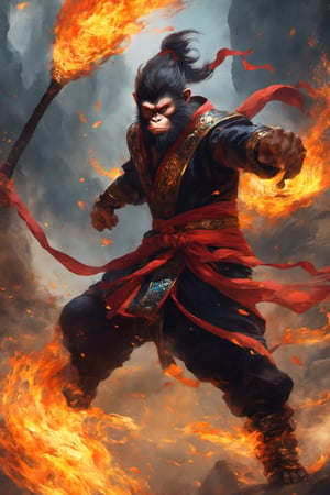 Cinematic a (Black Wukong:1.5), a monkey king wearing black monk clothes, (levitating:1.4, floating rock:1.4), ((anger's fiery fury)), colorful_aura:1.5, energy_flowing, angry vibe, dynamic pose, upper_body, Epic zenith, fantasy theme, Depth of field, Film Still, pretopasin, abstract, traditional media, casting spell, oni style,NightmareFlame,oni style