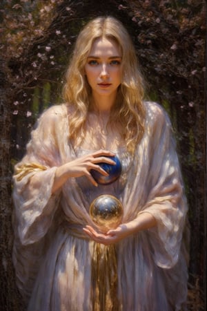 portrait of a sorceress with a magic ball on a trail in the mountains, 8k art photography, character portrait, composition, confident soft impressionist, perfect composition, delicate face, energetic strokes, facial details, fantastic face, framing, golden ratio, highly detailed, hyperdetalized digital painting, insanely detailed, complex, masterpiece, genuine leather, perfect composition, perfect face, photorealistic concept art, photorealistic, soft natural volumetric cinematic ideal light, staged visualization of characters, ultra-high quality model, ultra-high quality model