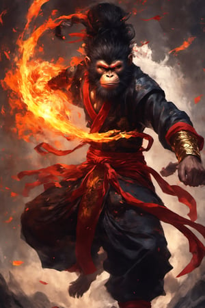 Cinematic a (Black Wukong:1.5), a monkey king wearing black monk clothes, (levitating:1.4, floating rock:1.4), ((anger's fiery fury)), colorful_aura:1.5, energy_flowing, angry vibe, dynamic pose, upper_body, Epic zenith, fantasy theme, Depth of field, Film Still, pretopasin, abstract, traditional media, casting spell, oni style,NightmareFlame,oni style
