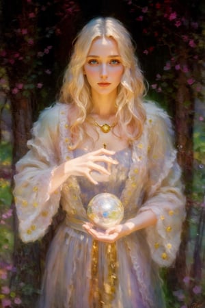 portrait of a sorceress with a magic ball on a trail in the mountains, 8k art photography, character portrait, composition, confident soft impressionist, perfect composition, delicate face, energetic strokes, facial details, fantastic face, framing, golden ratio, highly detailed, hyperdetalized digital painting, insanely detailed, complex, masterpiece, genuine leather, perfect composition, perfect face, photorealistic concept art, photorealistic, soft natural volumetric cinematic ideal light, staged visualization of characters, ultra-high quality model, ultra-high quality model