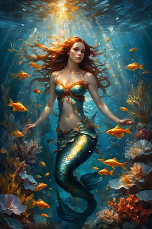 art by Phil Koch, Meghan Howland portrait of a beautiful mermaid. there are a lot of small goldfish around and against the background of marine life. the light barely breaks through the water column. luminism, ultra highly detailed, 32 k, Fantastic Realism complex background, dynamic lighting, lights, digital painting, intricated pose, highly detailed intricated,dripping paint,greg rutkowski,detailmaster2