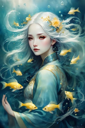 art by Anna Dittmann beautiful:: a muse of beauty, Queen of the Sea Mu Yanling, long flowing white hair, blue yellow fish, water flowing around, young female face, liquid magic, bubbles, water drops, seahorse luminism, WLOP greg rutkowski, craola, romantic, mystical, cute, fantasy, flowers, tree branches, complex background, dynamic lighting, lights, digital painting, intricated pose, highly detailed, cute, filigree, intricated