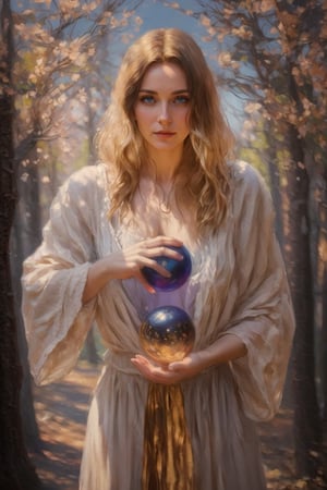 portrait of a sorceress with a magic ball on a trail in the mountains, 8k art photography, character portrait, composition, confident soft impressionist, perfect composition, delicate face, energetic strokes, facial details, fantastic face, framing, golden ratio, highly detailed, hyperdetalized digital painting, insanely detailed, complex, masterpiece, genuine leather, perfect composition, perfect face, photorealistic concept art, photorealistic, soft natural volumetric cinematic ideal light, staged visualization of characters, ultra-high quality model, ultra-high quality model