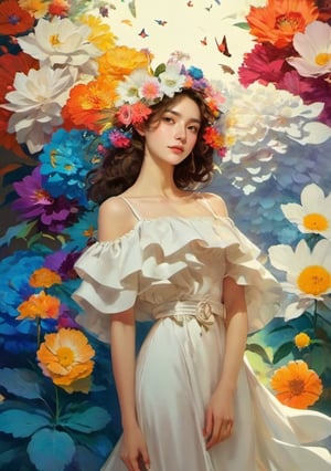 portrait, woman, floral dress, head full of colored flowers, wings background, floral visor, white theme, dfdd, niji5