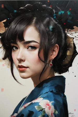 Masterpiece, best quality, beautiful woman wearing yukata, ink painting in the style of artists like Russ Mills, Sakimichan, Wlop, Loish, Artgerm, Darek Zabrocki, and Jean-Baptiste Monge