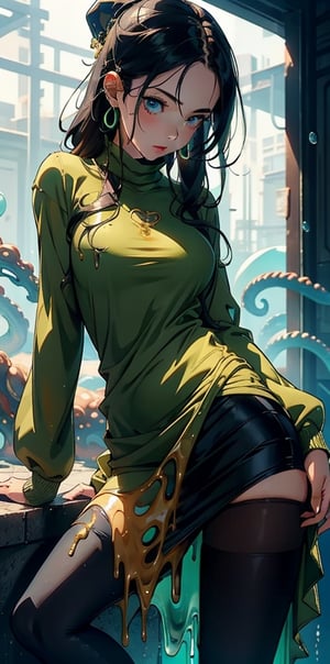 
1girl, tentacles, slime \(substance\), dripping, 
sweater, skirt, pantyhose,arm grab,, masterpiece, best quality, highly detailed