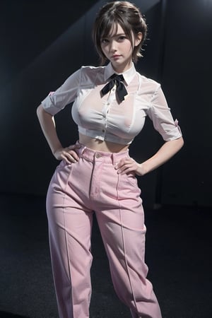 (masterpiece, best quality), 1girl, Amaranth Pixie Cut with Tapered Sides, big breasts, Pink Tie-front cropped button-down shirt in a lightweight fabric. and Cropped wide-leg pants, leg warmers, Standing with hands on the hips, looking determined