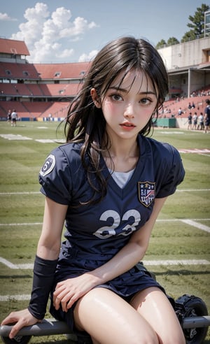 beautifull sky, detailed face, roller blade, sailor school uniform, american football field, 