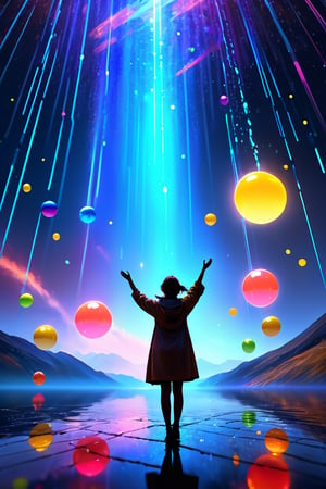 cinematic film still 4k,highres,photo,of a person raising their hand in a grand gesture of wonder,towards glowing reflective colorful neon planets,(falling like rain around the person.:1.3),full_shot,photo_(medium),,splendid galaxy visible in the background, . shallow depth of field, vignette, highly detailed, high budget, bokeh, cinemascope, moody, epic, gorgeous, film grain, grainy