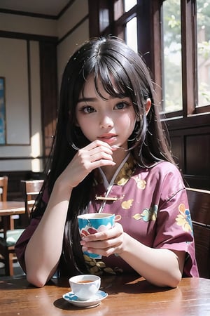 (high res, super fine, perfect anatomy: 1.2), (portrait), BREAK (1 girl: 1.3), celibate, flat chested, long black hair, quiet, pretty (dark eyes: 1.2), clear photo. Tea room in a tea tasting space. A girl looks at the audience, drinking tea from a small cup, sipping, identifying the flavor and aroma of the tea, a set of small, beautifully crafted ceramic pots in front of her, she makes and drinks her own tea. She was dressed in Chinese clothing. She looks knowledgeable, curious and interested in tea, from which she learns about life. Inside, soft lighting, harmonious match, Chinese Ming style furniture, very Chinese classical flavor of the space. The photos are of good quality and clarity.The color of the tea is deep red and translucent.The face is clean, unblemished, and beautiful. Perfect.