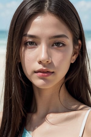 photo of a Top model Brazilian teenage, gorgious, soft skin,  symmetrical, at summer, whole body, at the beach, perfect detail ,  looking at viewer, make up, tanned skin, hairstyle is long straight black hair, 
soft studio lighting, highly detailed face, from side, photo realistic, (looking into camera:1.7),